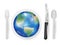 Earth planet on a dish with knife fork and spoon eat world concept