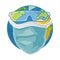 Earth planet dressed medical face mask and glasses. Color flat illustration