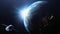 Earth planet with satellite and sun viewed from space , 3d render of planet Earth, elements of this image provided by NASA