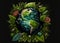 The Earth planet surrounded by leaves and plants on a black background. Earth day concept. Created with Generative AI