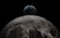 Earth rises above moon surface with huge meteor craters.