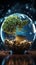 Earth-rooted growth Tree on globe, blue abstract backdrop embodying eco-conscious tech synergy