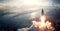 A Earth\\\'s Spaceport. Stunning sunrise panorama. View of shuttle spaceship Launch from Earth. rocket banner design with copy