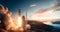 Earth\\\'s Spaceport. Stunning sunrise panorama. View of spaceship Launch from Earth. rocket banner design with copy spase