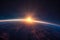 Earth from satellite in space at dawn. Sun sunrise with rays and starry star night over galactic galaxies. Generative AI