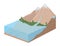 Earth slice with mountain landscape and ocean, vector illustration.