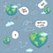 Earth. speech bubble Cartoon globe. web icons green happy nature character. love ecology earth planet world map seamless