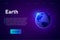 Earth themed landing page template in neon violet style, 3d earth icon as a main object of the illustration.
