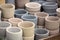 Earth tone colored clay flowerpots