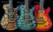 Earth Water and Fire Elements Represented in 3 Electric Guitars Made of Figured Wood Colorful Nature