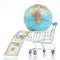 earth world globe in a grocery basket with dollars on a white background. the concept of the sale of land resources. worldwide