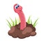 Earth worm coming out of the ground. Green grass. Flat farming and agriculture cartoon illustration. Worm in soil