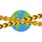 Earth with yellow caution tape. Coronavirus lockdown. Concept of world lockdown due to coronavirus. Vector