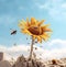Earthbound Flight: Sunflower and Bee Amidst Exacting Precision AI Generated