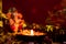 Earthen lamp on rose petals with ganesha statue over the blurry red golden background. hinduism concept