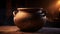 Earthenware pottery, ancient and rustic, adorns the old fashioned kitchen table generated by AI