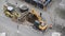 Earthmoving, excavator digging a deep hole in the ground.