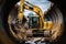 Earthmoving operations: Caterpillar excavator at work, transforming construction site near concrete pipe.