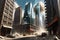 Earthquake Shatters Glass Facades of Skyscrapers: Debris Cascading onto Urban Streets Below, Dust Clouds Engulfing the Scene