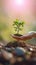 Earths caretaker Hand cradles a tree on a nature backdrop