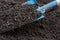 Earthworms in the soil on blue color shovel in agricultural field background