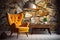 Earthy Elegance Orange Wingback Lounge Chair, Wooden Coffee Table, and Wild Stone Cladding Wall in a Modern Living Room