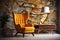 Earthy Elegance Orange Wingback Lounge Chair, Wooden Coffee Table, and Wild Stone Cladding Wall in a Modern Living Room.AI