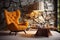 Earthy Elegance Orange Wingback Lounge Chair, Wooden Coffee Table, and Wild Stone Cladding Wall in a Modern Living Room.AI