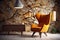 Earthy Elegance Orange Wingback Lounge Chair, Wooden Coffee Table, and Wild Stone Cladding Wall in a Modern Living Room. AI