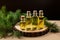 Earthy essence Pine, spruce, cedar oils in small glass bottles