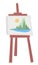 Easel with landscape painting, mountains and river