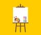 Easel paint palette and brush vector illustration isolated on yellow