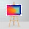 Easel with a painting on canvas. Art gallery room. Picture with vibrant color gradient.