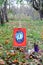 Easel with paints and painting on canvas in autumn park