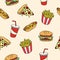 Easily modifiable vector elements. Digitally hand drawn fast food seamless pattern.
