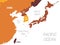 East Asia map - brown orange hue colored on dark background. High detailed political map of eastern region with country