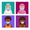 East asian arabian and african people wearing mask. multicultural people awareness from virus infection in pandemic symbol in cart