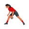 East Asian girl figure in red t-shirt in profile plays women\'s handball and leaning over to throw the ball