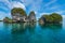 East Misool, group of small island in shallow blue lagoon water, Raja Ampat