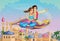 East Princess, Aladdin on magic carpet. Fairytale Arabic landscape with Mosque. Fabulous background. Cartoon Wallpaper. Cute doll.