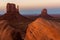 East and West Mitten Buttes at sunset, Monument Valley Navajo Tribal Park on the Arizona-Utah border,