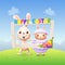 Easter animals - Happy cute bunny and lamb celebrate Easter with social network photo frame - spring landscape background