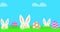 Easter animation. Easter animated banner with three funny white rabbits and colorful easter eggs.