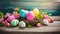 Easter arrangement with an Easter card, colorful eggs in a nest and spring blossoms.