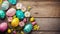 Easter arrangement with an Easter card, colorful eggs in a nest and spring blossoms. Top view