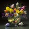 Easter arrangement. Easter eggs and flowers arranged in a vase