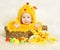 Easter Baby in basket with eggs in chicken costume