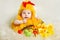 Easter Baby. Newborn Child in Chicken Costume hatching out. Infant Kid in yellow Fuzzy Chick Hat sitting inside Basket with Easter