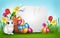 Easter background with basket with pile of easter eggs