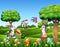 Easter background with cartoon rabbits playing in the nature